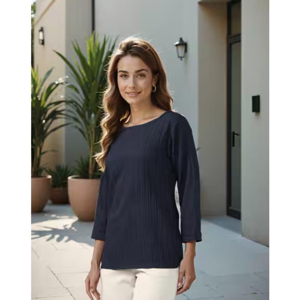 Shein Women Boat Neck Textured Relaxed Fit Top 3/4 Sleeve Size M Black